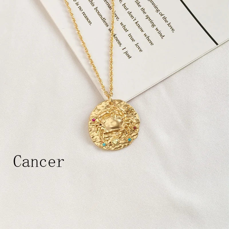 Gold Coin Disk Zodiac Necklace