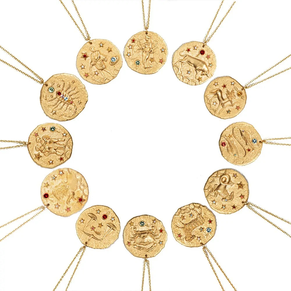 Gold Coin Disk Zodiac Necklace