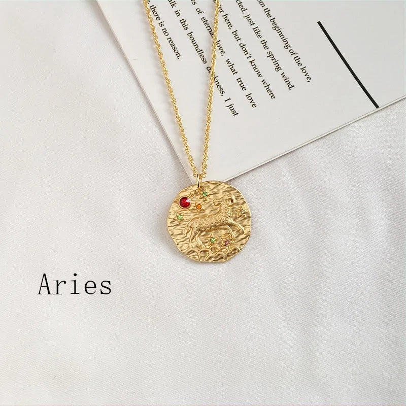 Gold Coin Disk Zodiac Necklace