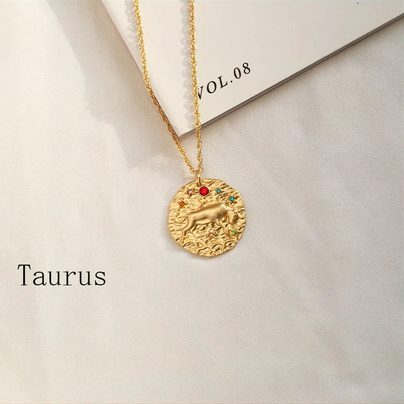 Gold Coin Disk Zodiac Necklace