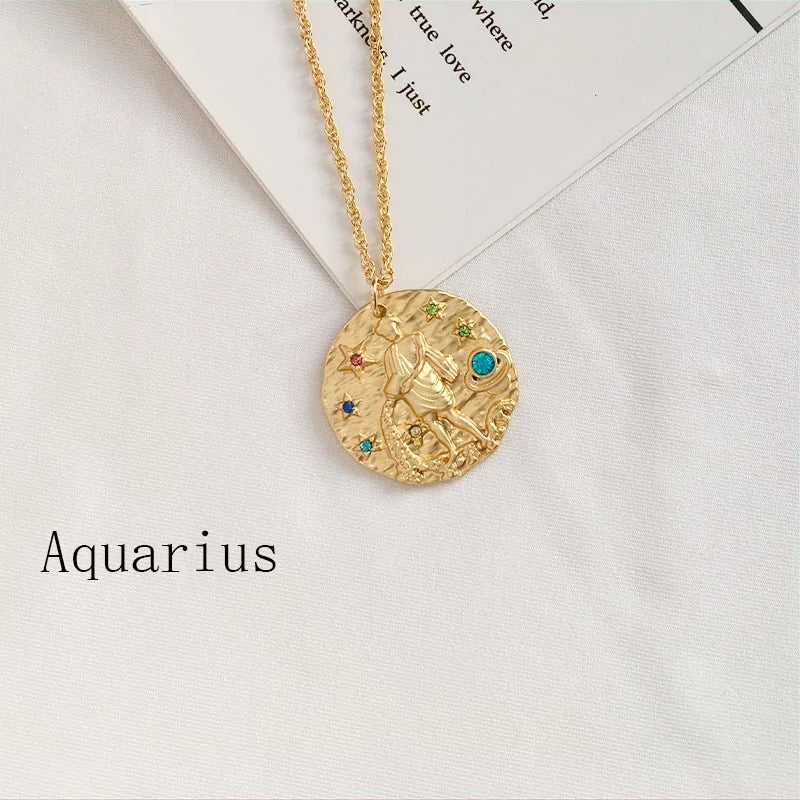 Gold Coin Disk Zodiac Necklace