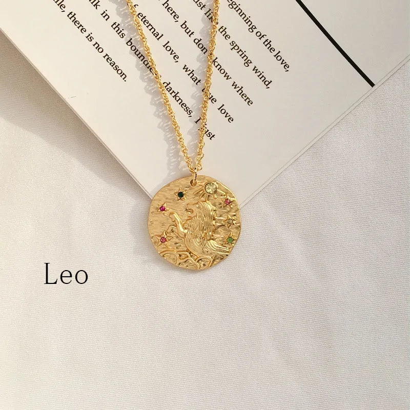 Gold Coin Disk Zodiac Necklace