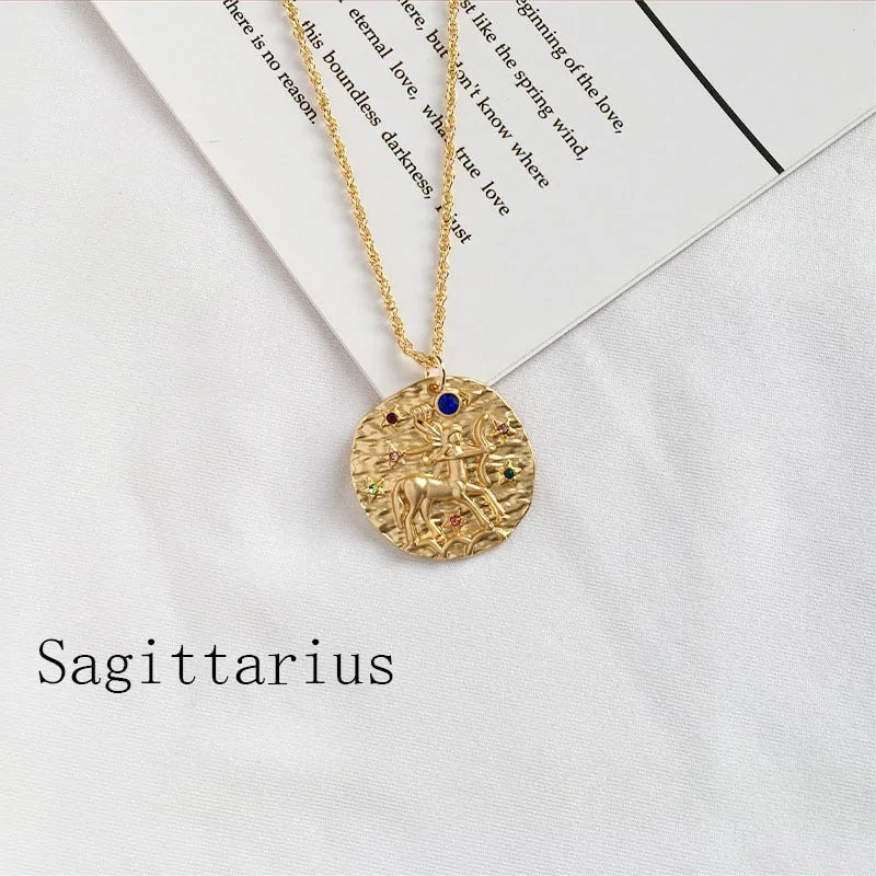 Gold Coin Disk Zodiac Necklace