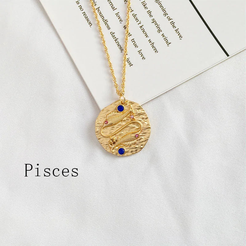 Gold Coin Disk Zodiac Necklace