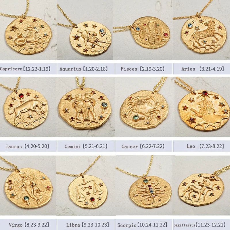 Gold Coin Disk Zodiac Necklace