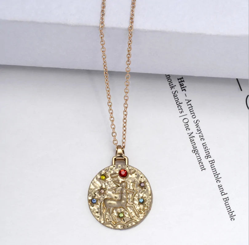 Gold Coin Disk Zodiac Necklace