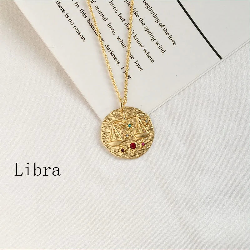 Gold Coin Disk Zodiac Necklace