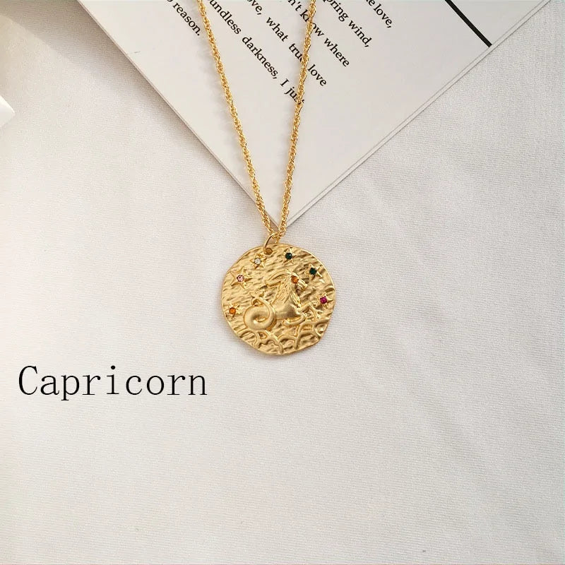 Gold Coin Disk Zodiac Necklace