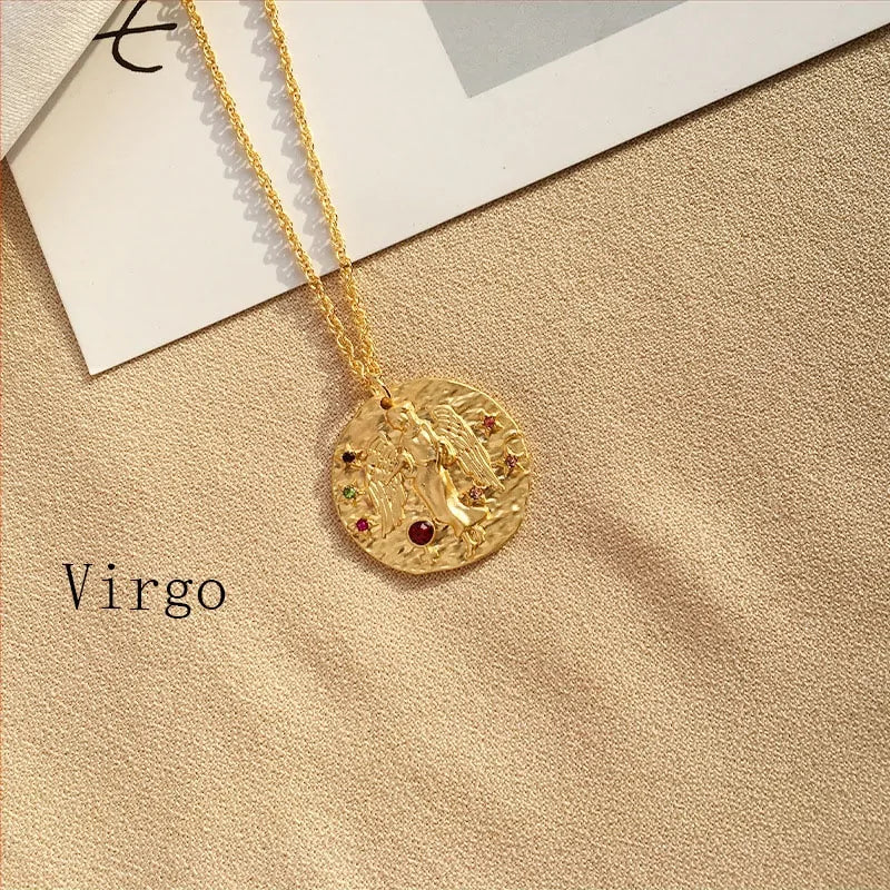 Gold Coin Disk Zodiac Necklace