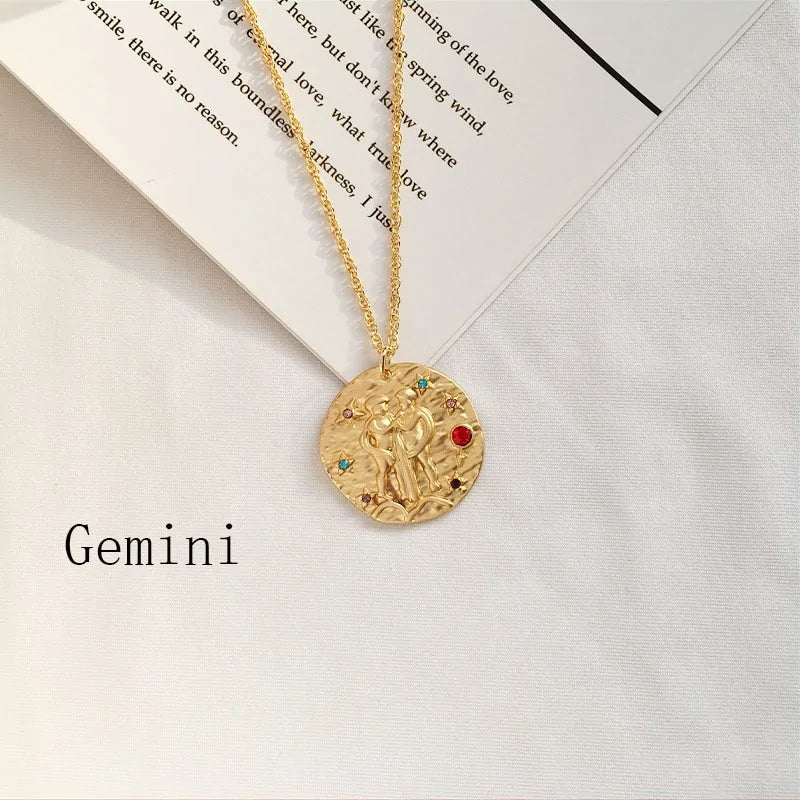 Gold Coin Disk Zodiac Necklace