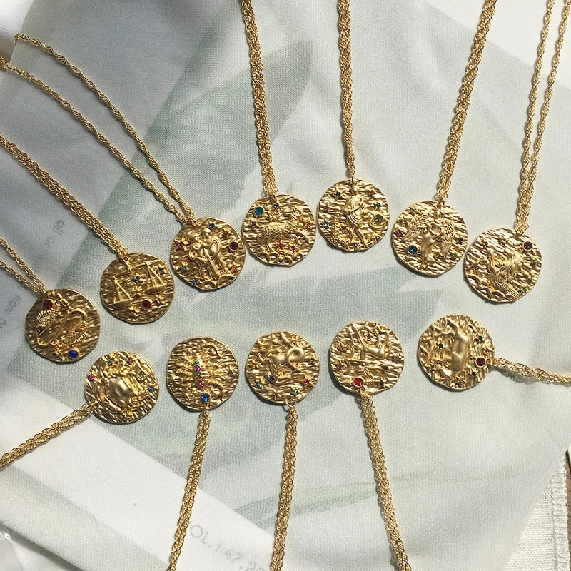 Gold Coin Disk Zodiac Necklace